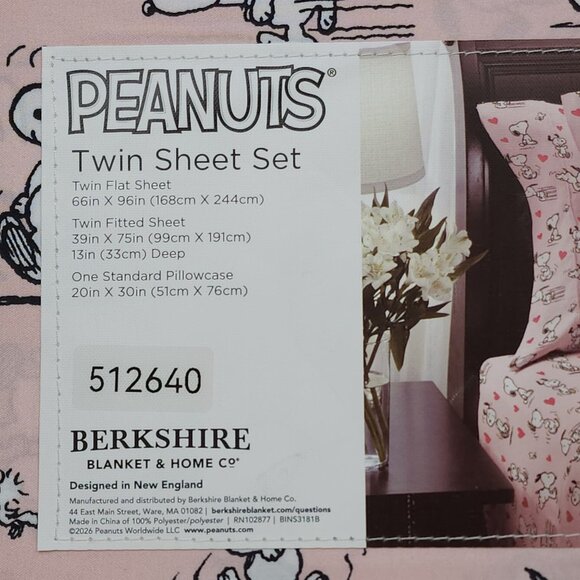 Peanuts Snoopy Twin Sheet Set By Berkshire Pink Hearts Polyester Valentines Day - Picture 4 of 8